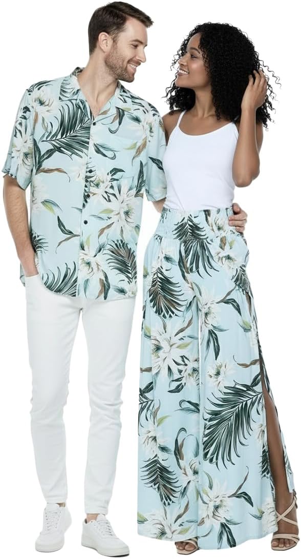 Matchable Couple Hawaiian Luau Shirt or Wide Legged Pants in Wispy Cereus Light Blue