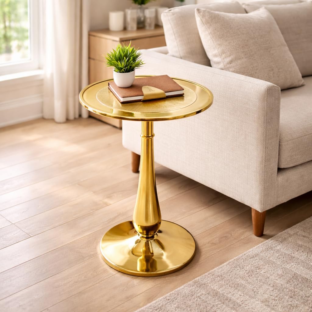 Gold Round End Table Modern Metal Accent Side Table with Embossed Top & Pedestal Base for Living Room, Bedroom, Entryway or Hallway, Electroplated Aluminum Design 15" x 22" Inch