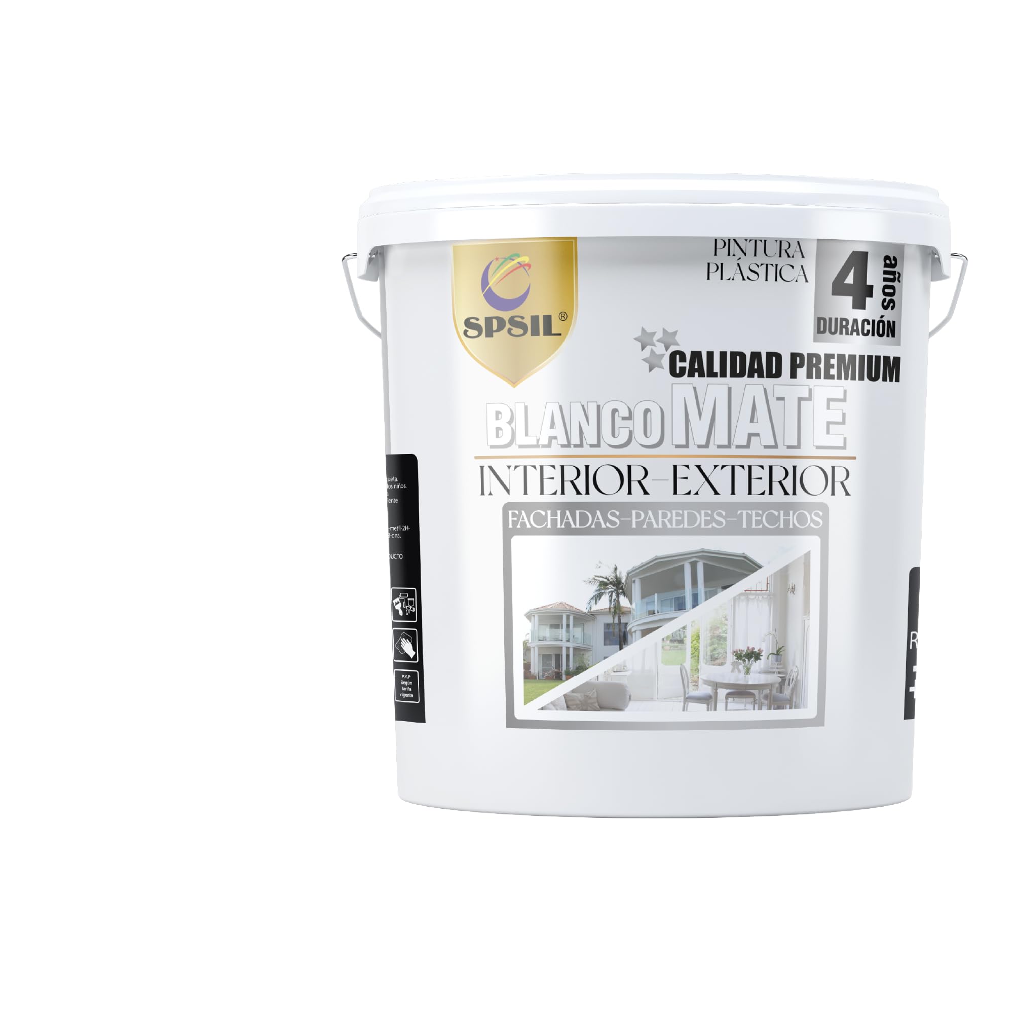 SPSIL Pintura Plática Interior - Exterior Blanco Mate PREMIUM - Resistente a la Intemperie - Para Paredes, Techos, Fachadas, Balcones - Transpirable, Secado Rápido (5 L/23 L) (23 L)