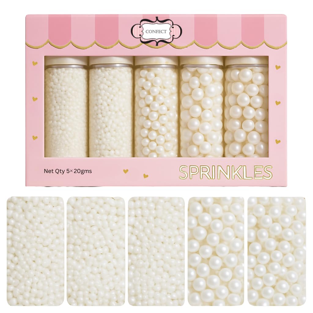 Confect White Pearl Sprinkles | Valentines Sprinkles | Edible Mix White Pearls & dragees Sprinkles | Frozen Sprinkles | White Princess Disco Ball Sprinkles - 3.5 Oz