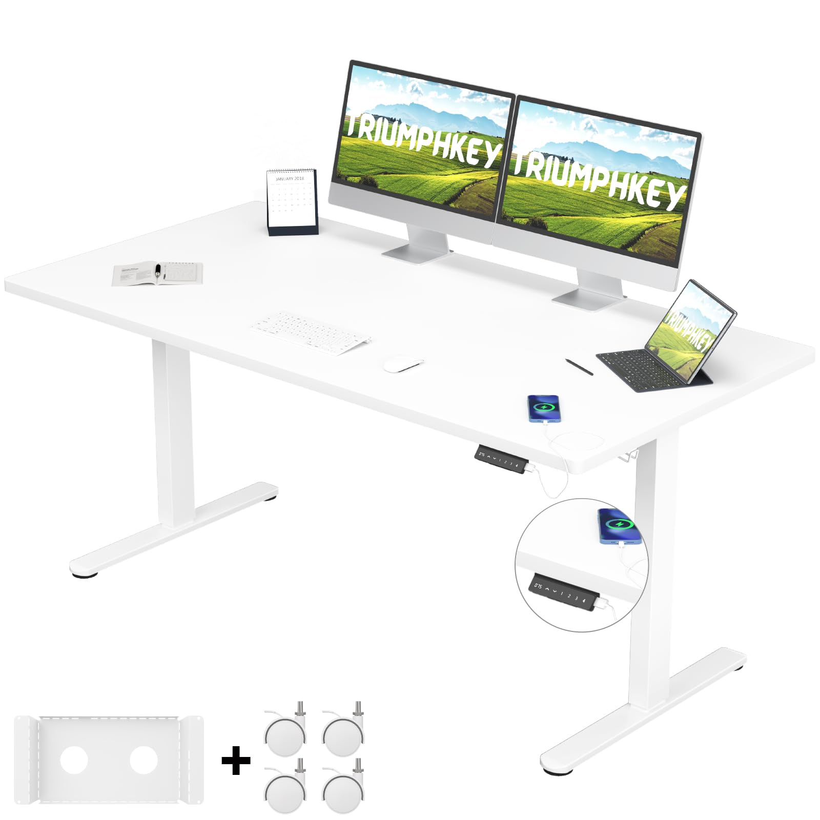 TRIUMPHKEY Elevable Eléctrico con Tablero Entero 160x80cm, Standing Desk con 4 Alturas de Memoria de Elevación y Ruedas, Escritorio con 2 Motores, Capacidad de Carga 100KG para Oficina y Hogar Blanco