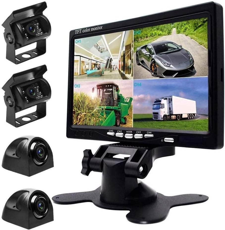 UNITOPSCI Waterproof Car Backup Camera Kit with 7 Inch HD Quad Split Monitor + 18 IR LED Night Vision Front Rear Side View Cameras and 33ft AV Cables, Mirror/Normal Image