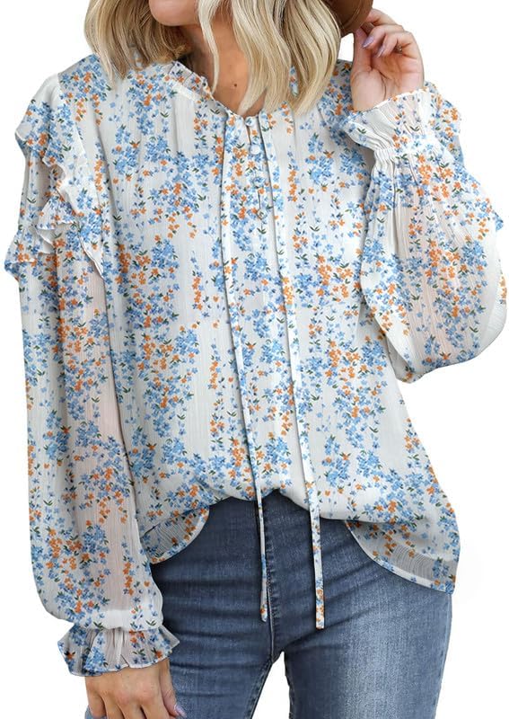 Dokotoo Womens Oversized Cute Tops for Women 2026 Trendy Casual Summer Fall Long Sleeve Shirts V Neck Blouses Watch Her Bloom Forest Floral Flowy Print Work Business Top Sky Blue XX-Large - Image 2