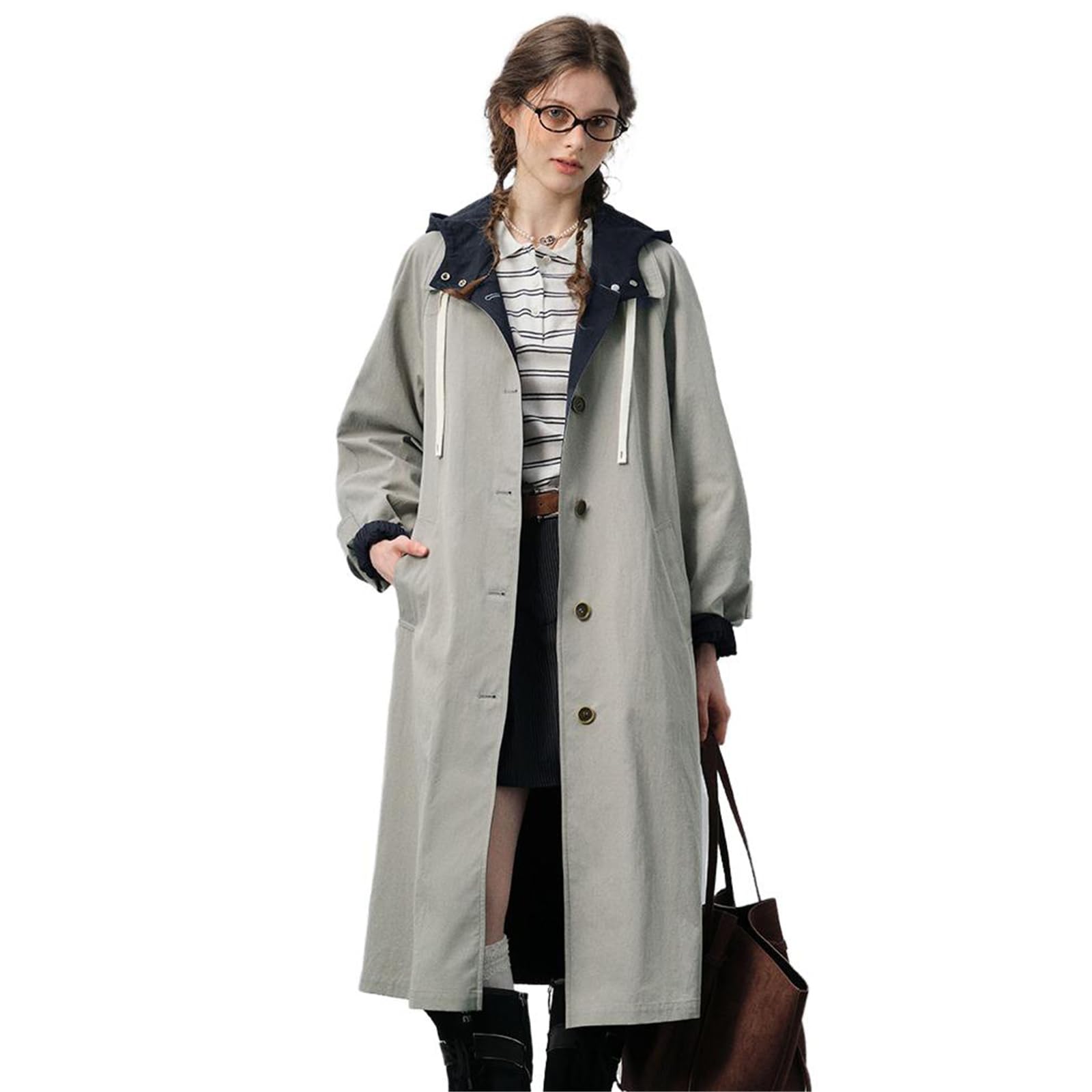 Color-Block Hooded Button-Down Loose Long Trench Coat for Women Autumn Overcoat