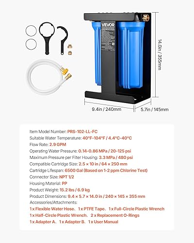 Miniatura 7 de VEVOR Filtro de agua para autocaravana con soporte, 2 cartuchos de 2.5 x 10 pulgadas, sistema de filtro de agua para vehículos recreativos, elimina