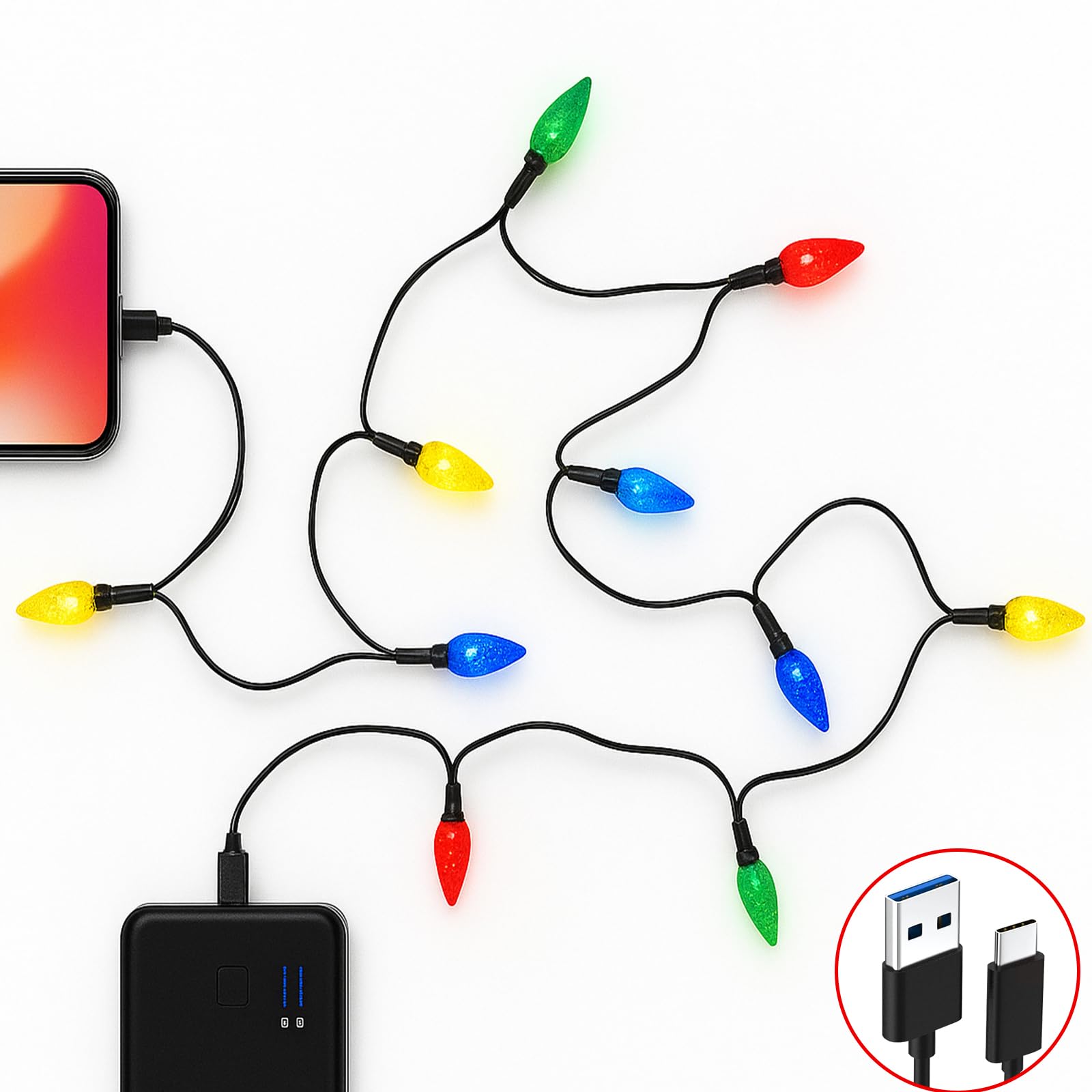 Confezione da 2 cavi di ricarica per telefono con luci natalizie, cavo di ricarica USB A a tipo C da 55 pollici con 10 lampadine LED, cavi di ricarica Holiday compatibili con telefoni e 17/16/15 e Pad