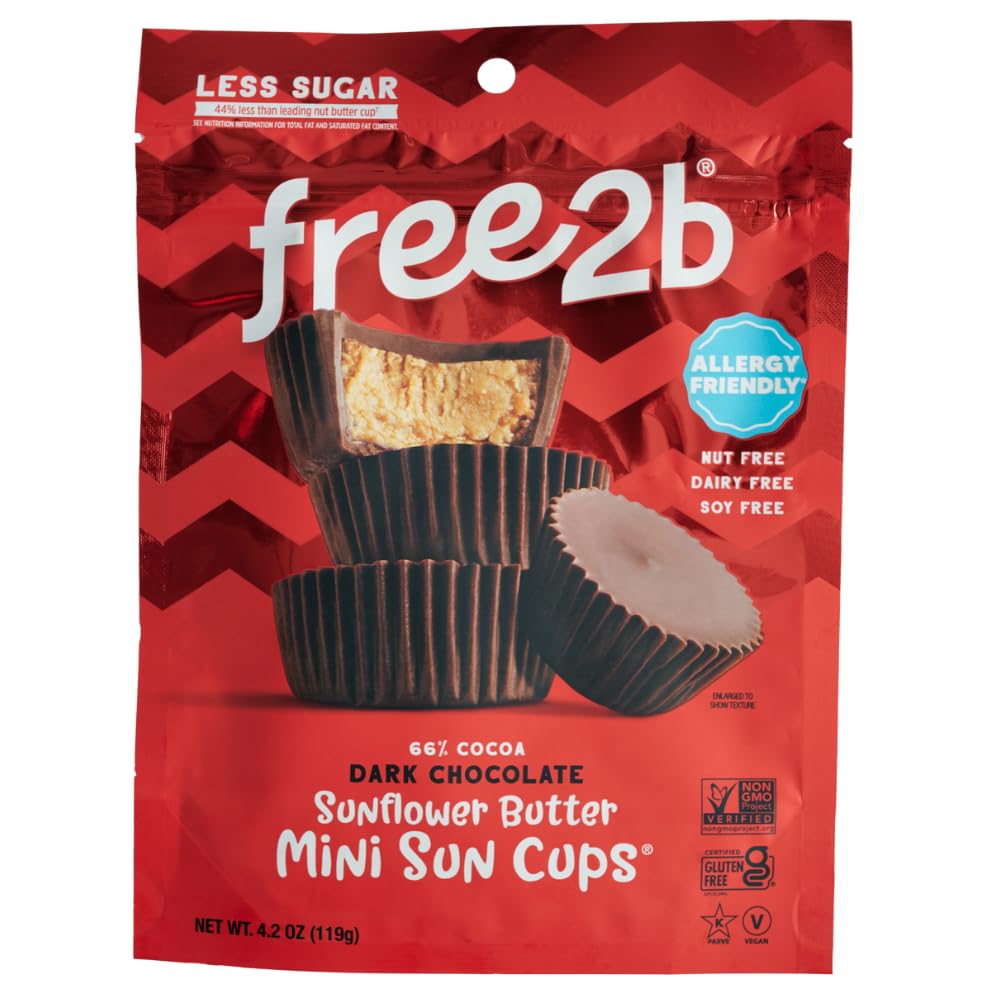 Free2b Sunflower Butter Mini Sun Cups, Safe for School and Allergy Friendly - Gluten-Free, Dairy-Free, Nut-Free, and Soy-Free - Dark Chocolate, 4.2 oz Resealable Bag (Pack of 6)