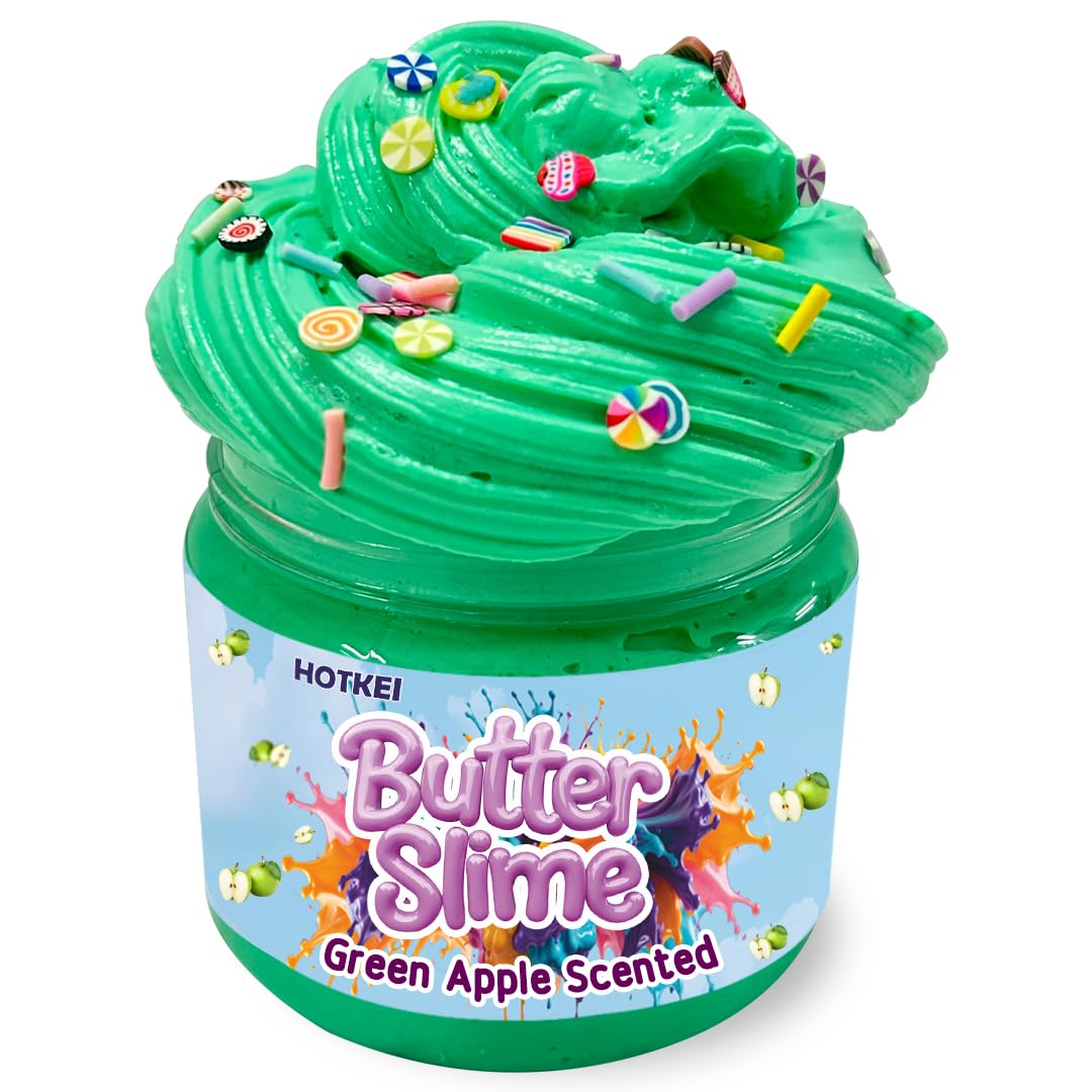 HOTKEI Green Apple Scented Butter Slime for Kids 3 to 10 Years Slime Kit Set with Sprinkles Candy Charms Soft Stretchy Toy Birthday Return Gift Toys for Kids Boys Girls Birthday