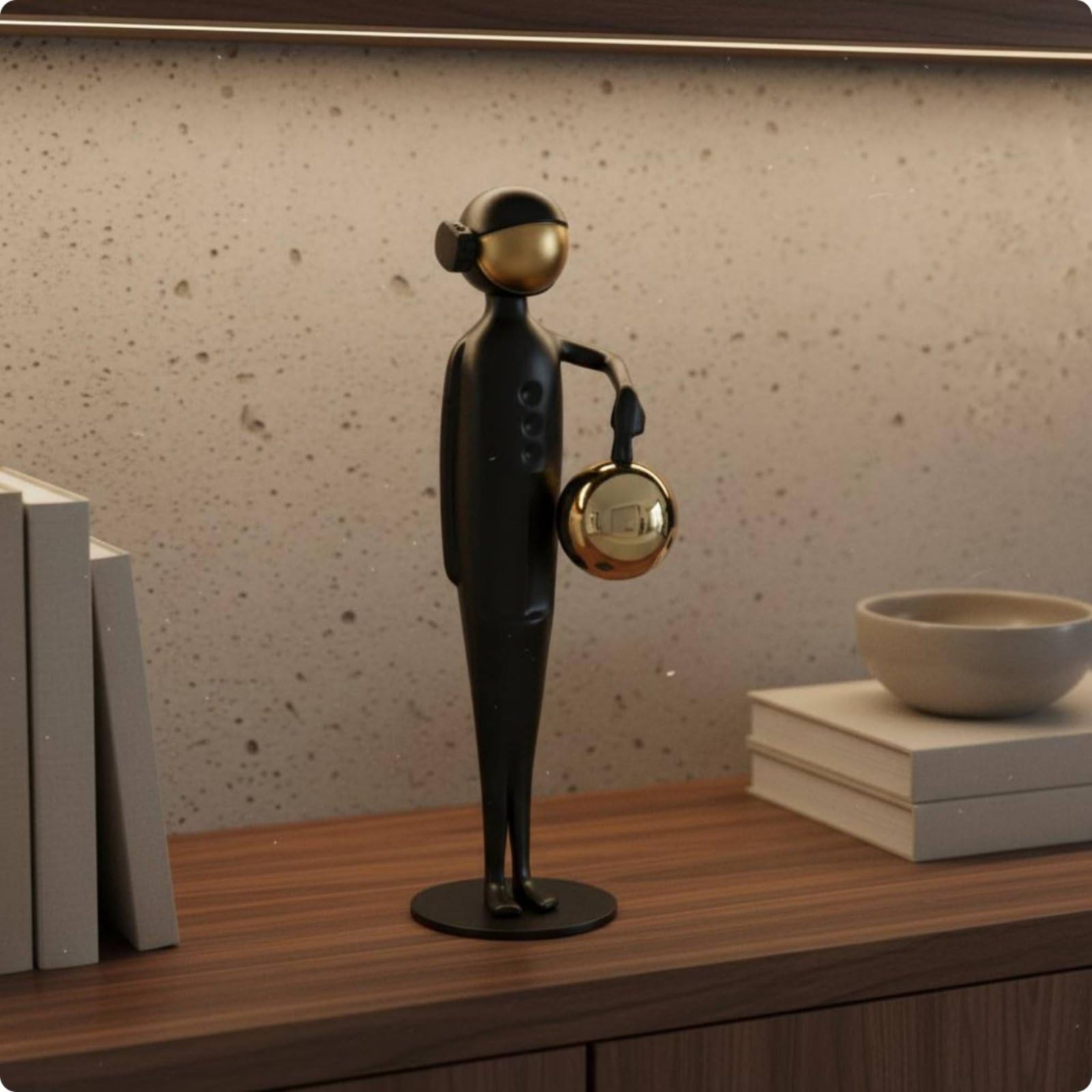 B Baosity Sculpture Abstraite Statue Métal Figurine Déco Table Objet Artistique Fer Forme Épurée Finition Soignée Adaptée aux Salons Entrées Bureaux Étagères, Noir Et Or Bras Baissé, 15x9x31 Cm