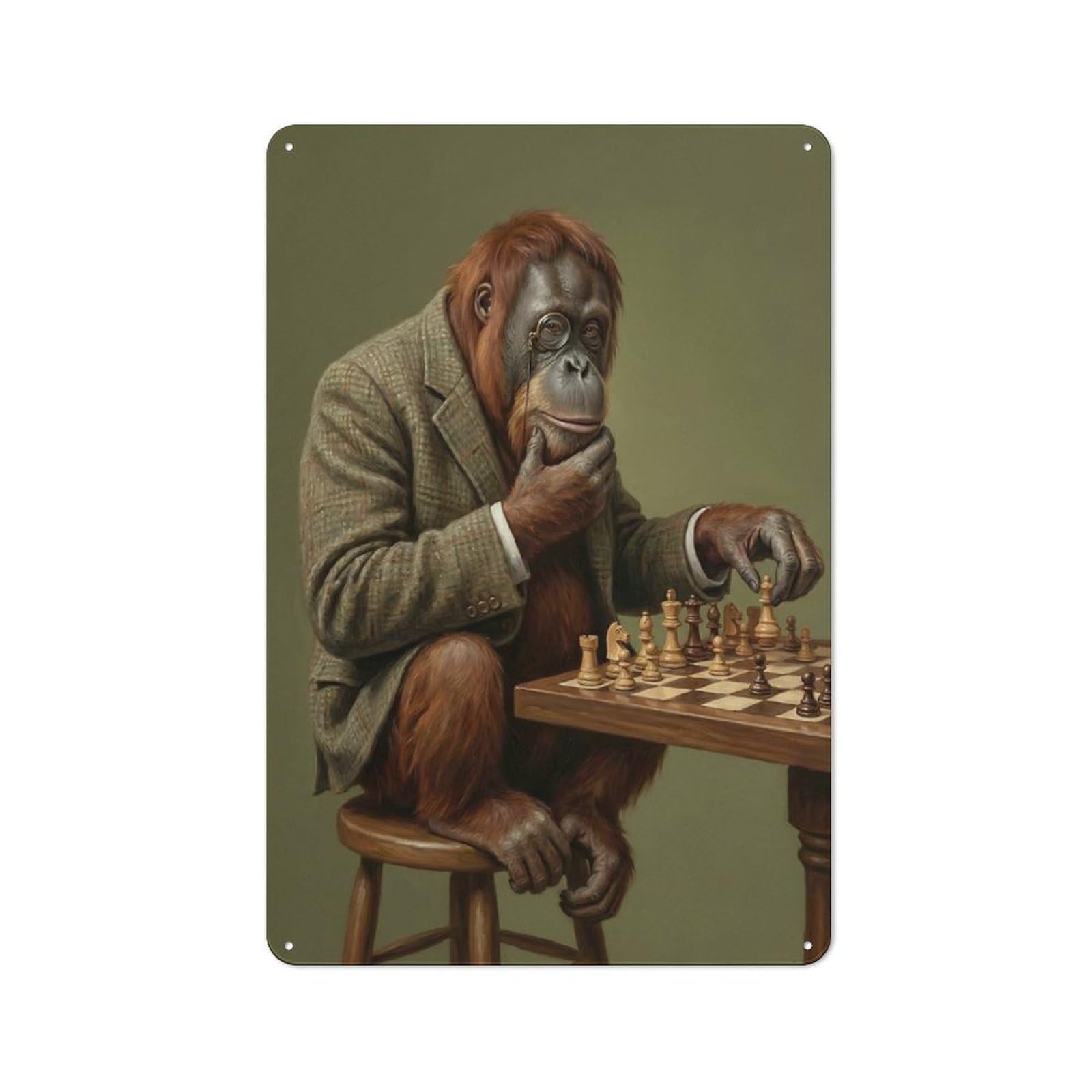 Junmoney Style-6 Shed Metal Sign With Orangutan Chess Player Design 30X20cm, Vintage Porch Wall Decor For Patio Bar, Workshop, Shed Or Kitchen