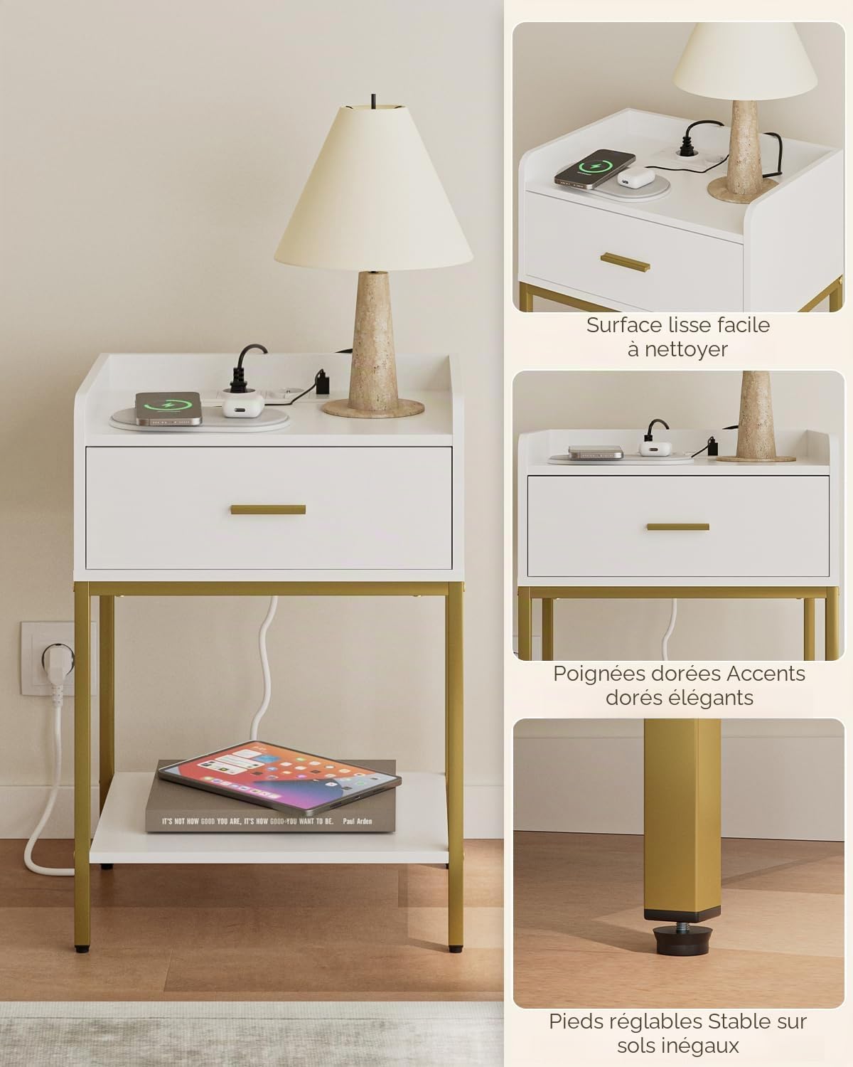 HEYZOEY Table de chevet avec prise de courant, table de chevet à 3 niveaux, blanche, avec tiroir et étagère, petite table d'appoint pour chambre à coucher, salon, blanche