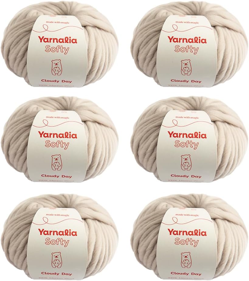 Softy Yarn Bulky Weight 6-Pack Composed of Merino Wool | Ultra-Soft Yarn Spun for Knitting & Crocheting for Sweaters, Blankets & Accessories | 100g, 49 Yards per Ball | Cloudy Day