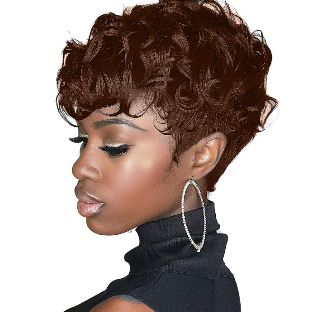 MOONSHOW Short Pixie Wigs for Black Women Auburn Red Short Pixie Cut Wig Synthetic Haircut Wig Natural Wigs for Black Women Auburn Red Curly Wigs for