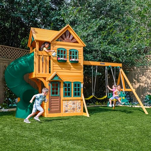 Image of KidKraft Buffalo Crossing Wooden Outdoor Swing Set with Tube Slide | Two-Story Playhouse, Rock Wall, Glider, Faux Stone Facade, Planter Boxes