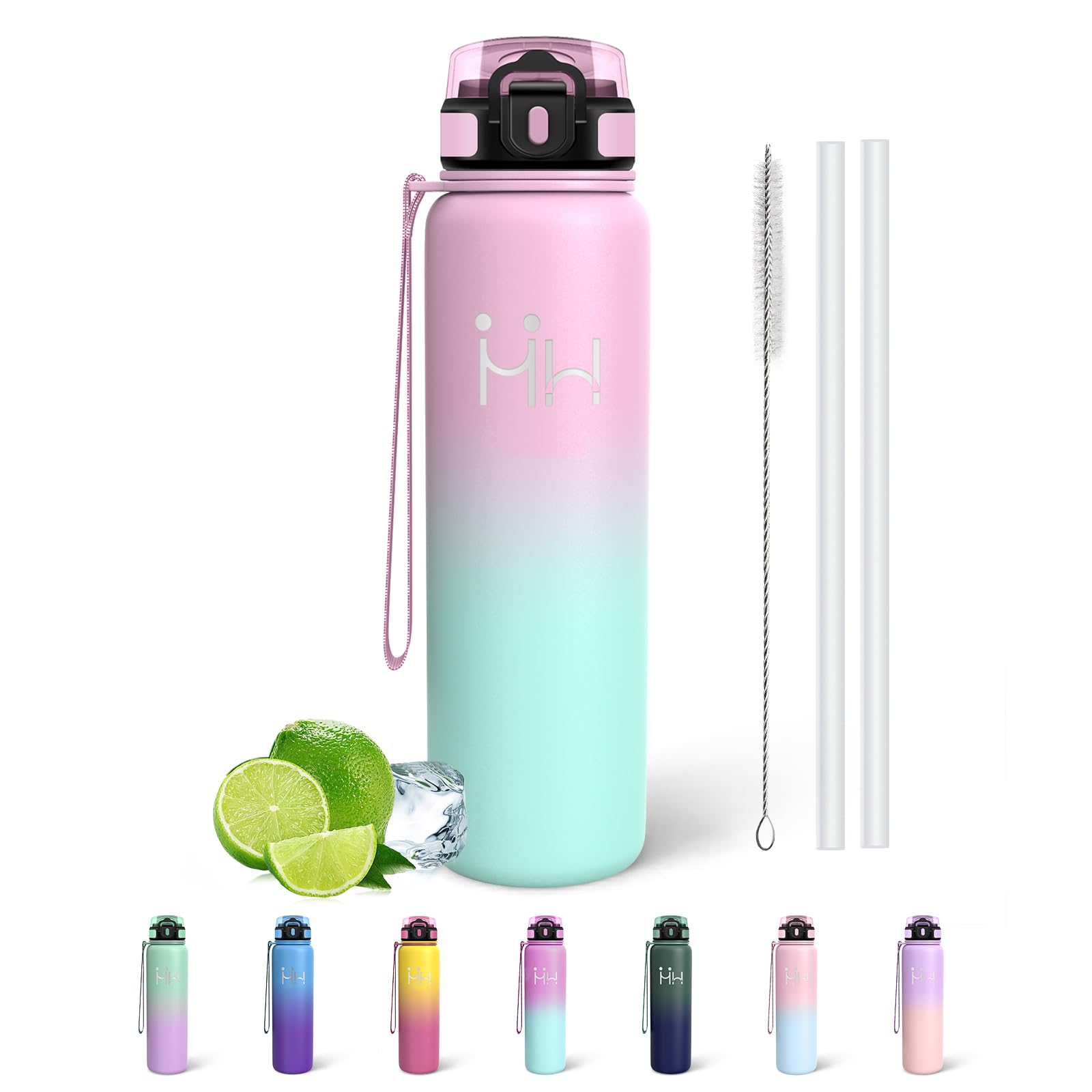 Mujigaga Insulated Water Bottle, 1 Litre Water Bottle with Straw, Easy to Clean, Gym Water Bottles, Stainless Steel, Leak Free Thermal Bottle BPA Free for Work, Office, Bike