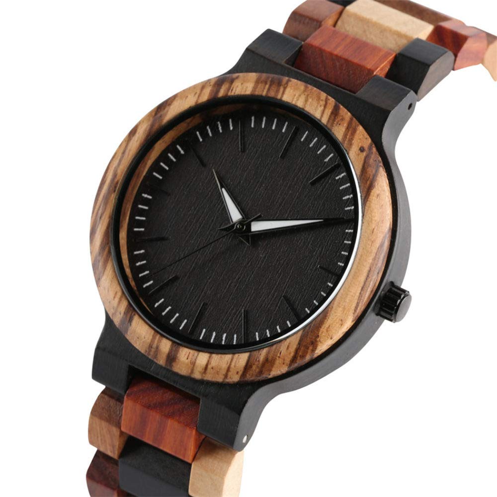 CAIDAI&YL Orologio da Uomo Casual in Legno con Fibbia Pieghevole, quadrante Rotondo Nero Minimalista, con Scatola