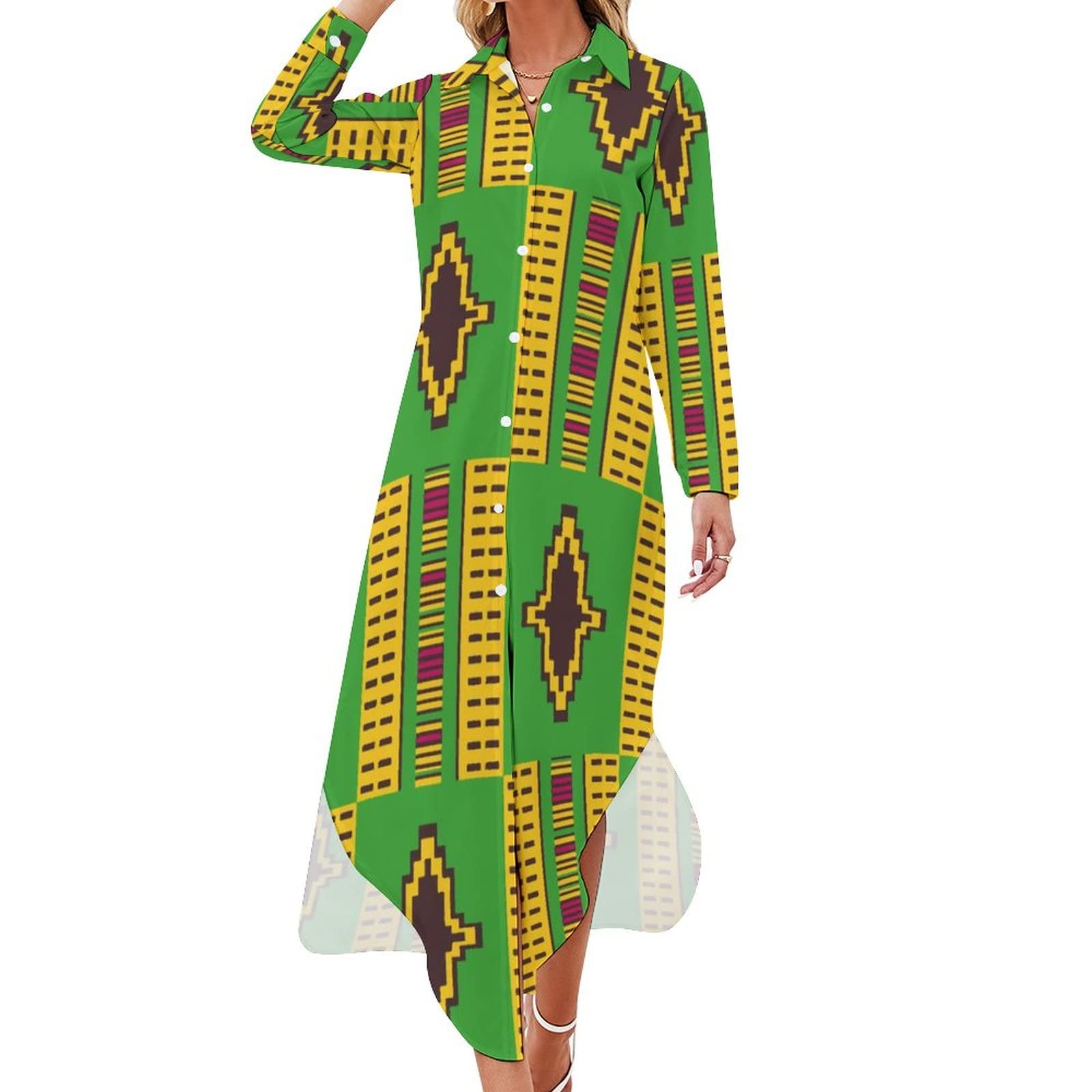 chinese dress ladies African Print Ankara Pattern Women's Shirt Dress Long Sleeve Button Down  Casual Long Maxi Dress Blouse Dresses XL : Amazon.co.uk: Fashion