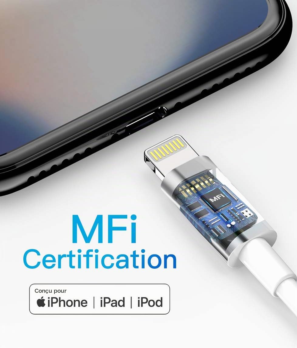 Quntis Lot de 3 Câble de Chargeur iPhone 2M, MFi Certifié Câble, Fil Lightning Charge Rapide pour iPhone 11 12 13 14 Pro 13 Mini XS Max XR X 8 7 6s 6 Plus 5 Se iPad Chargeur, Cordon iPhone Blanc