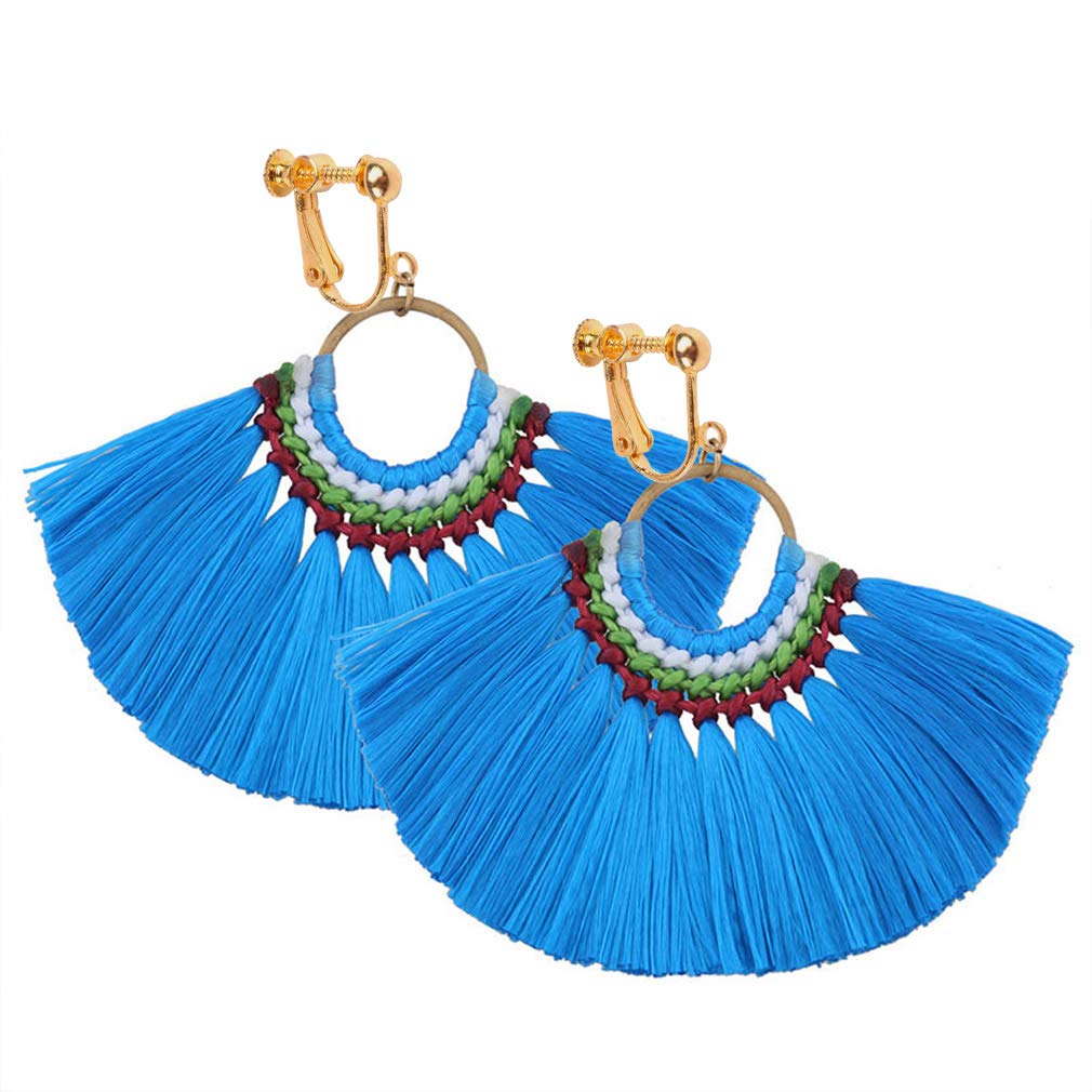 Tassel Clip on Earrings Bohemian Dangle Drop Fringe Thread Women Statement Ethnic Vintage Blue Eardrop