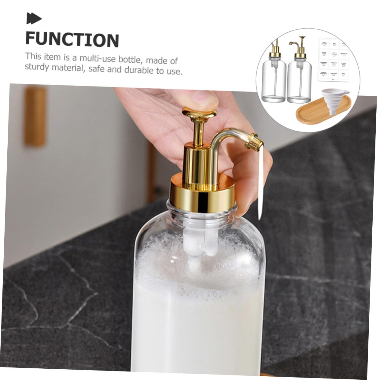 Ipetboom 2 pièces Distributeur de Liquide Transparent en Verre Pompe Anti-Fuite Rechargeable pour Mains et shampooing Lot de Bouteilles avec Accessoires Salle de Bain et Cuisine