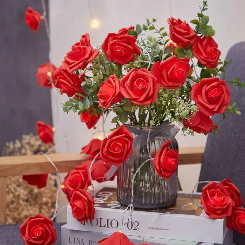 Falafoty Rose Fairy String Lights, 6M 40 LED Rose Flower Fairy Lights, Battery Operated Roses Flower Decorative Light String for Valentine's Day Wedding Anniversary Garden Home Party (Hot Red)
