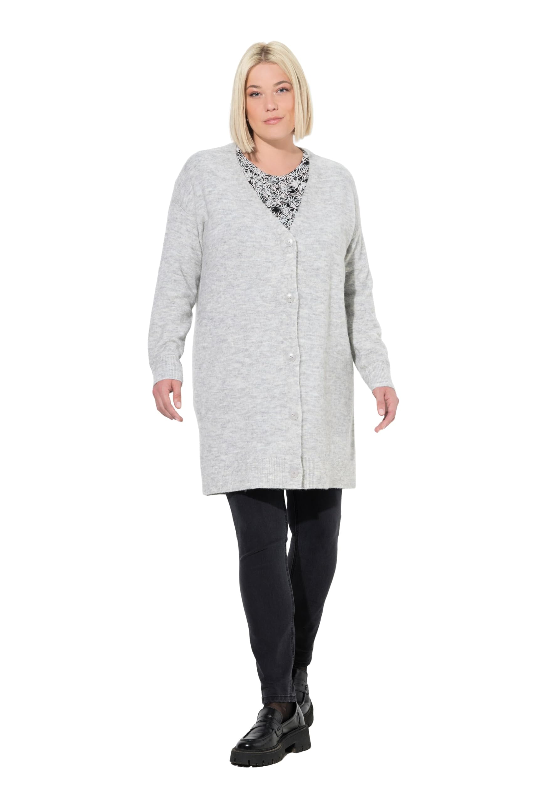 Ulla Popken Damen große Größen Übergrößen Plus Size Strickjacke, Boxy Fit, V-Ausschnitt, Knopfleiste 835734