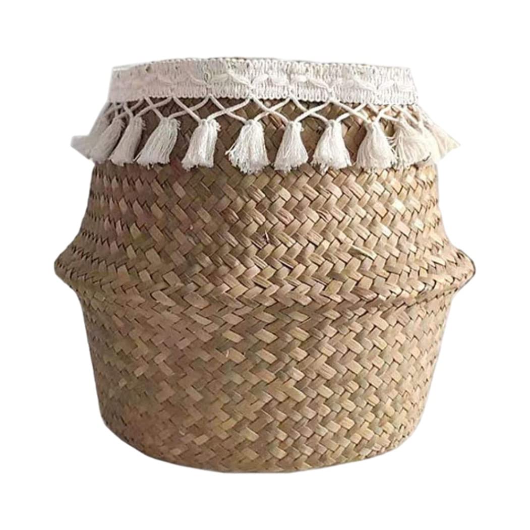 Nukinp Seagrass Basket Flower Basket Foldable Woven Straw Seagrass Laundry for Plant Toy