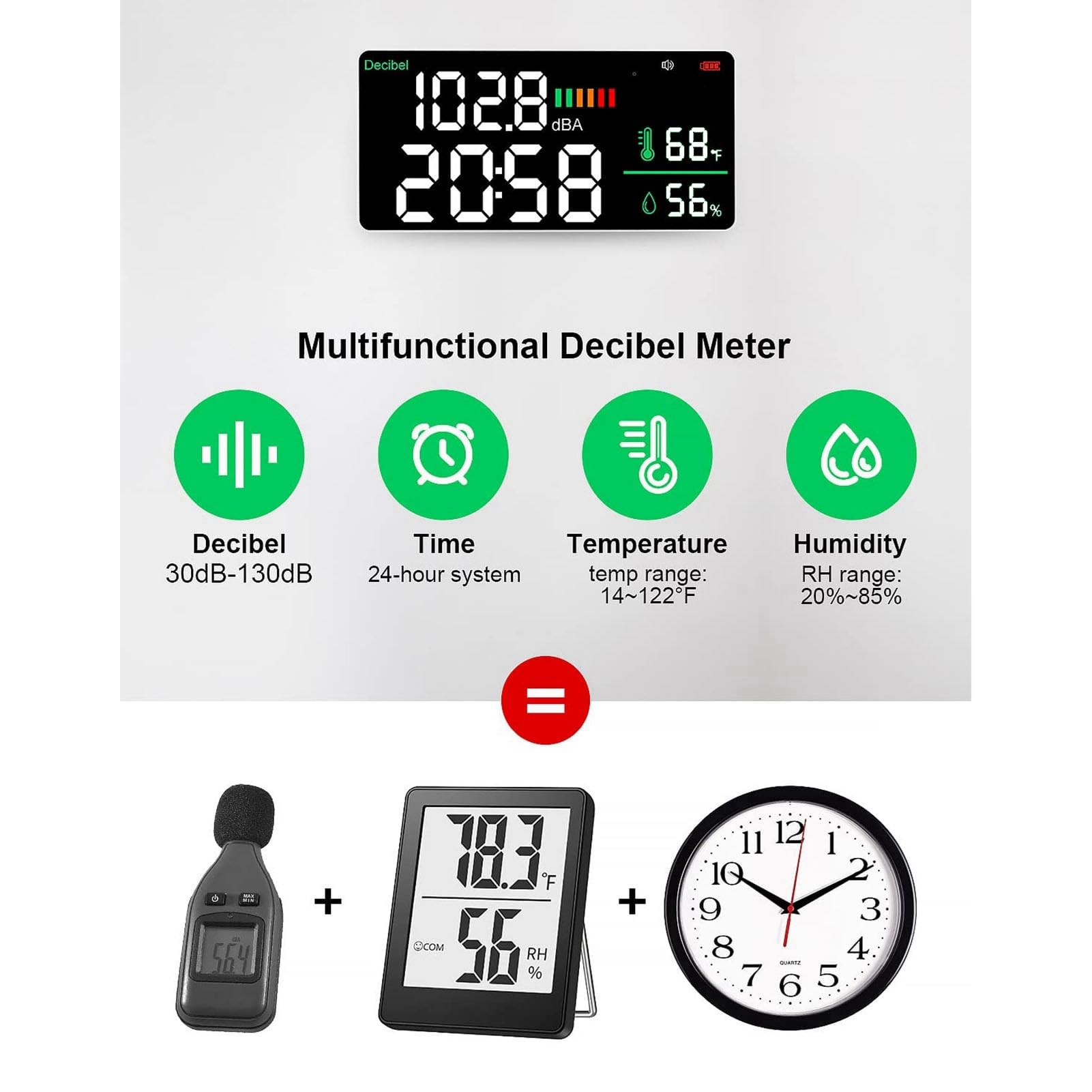 Greensen LED Decibel Meter WiFi Wandmontage 11 Zoll LED -Temperaturfeuchtigkeitszeit Anzeige Schallmesser für - 4 in 1 für den Gebrauch von Heim und Büro