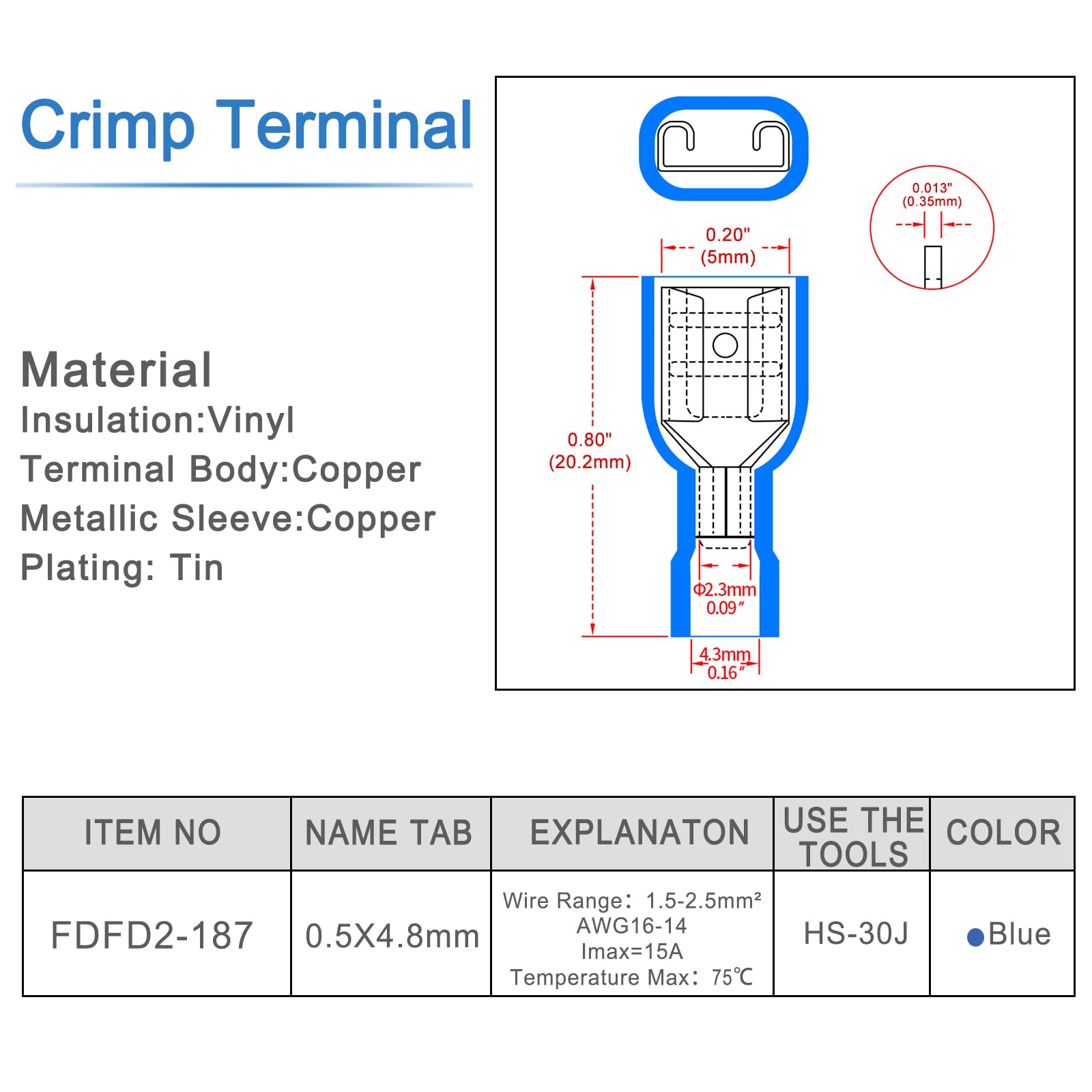 Heschen 100 morsetti per cavo femmina a sgancio rapido in vinile, completamente isolati, FDFD2-187, 4,8 x 0,5 mm, per 1,5-2,5 mm² (16-14 AWG), colore blu, confezione da 100 pezzi