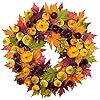 YULETIME 24 Fall Wreath Artificial Autumn Wreath with Red Orange Green Maple Leaves and Orange Purple Green Yellow Pumpkins Pumpkin Maple Leaf