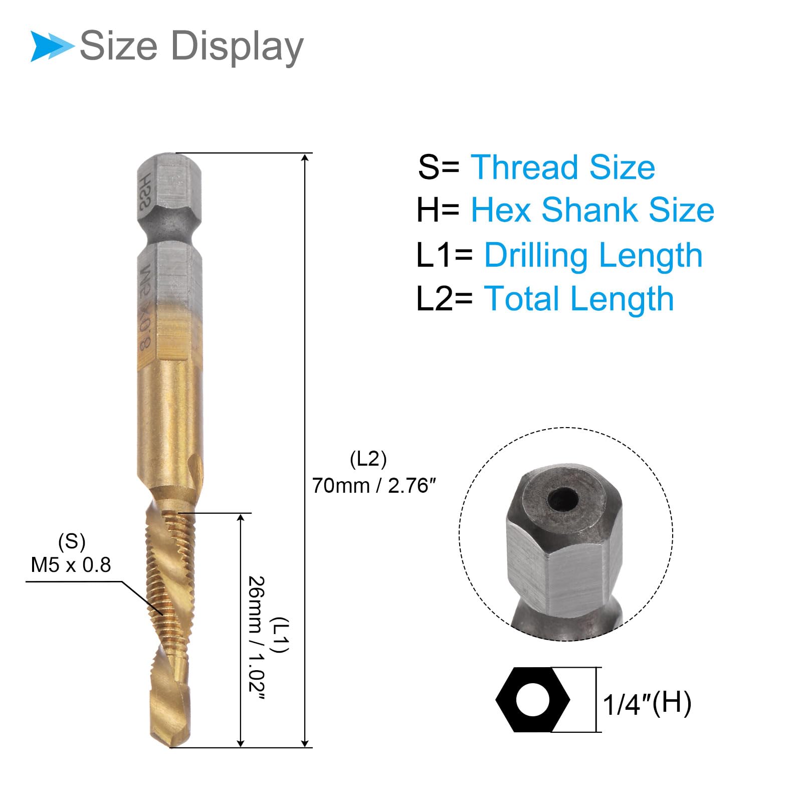 CoCud Combination Drill Tap Bit, M5 x 0.8 Thread Size 1/4" Shank, Titanium Coated High Speed Steel Long Tools - (Applications: for Aluminum Stainless Steel Plastic Long), 2-Pieces - Image 2