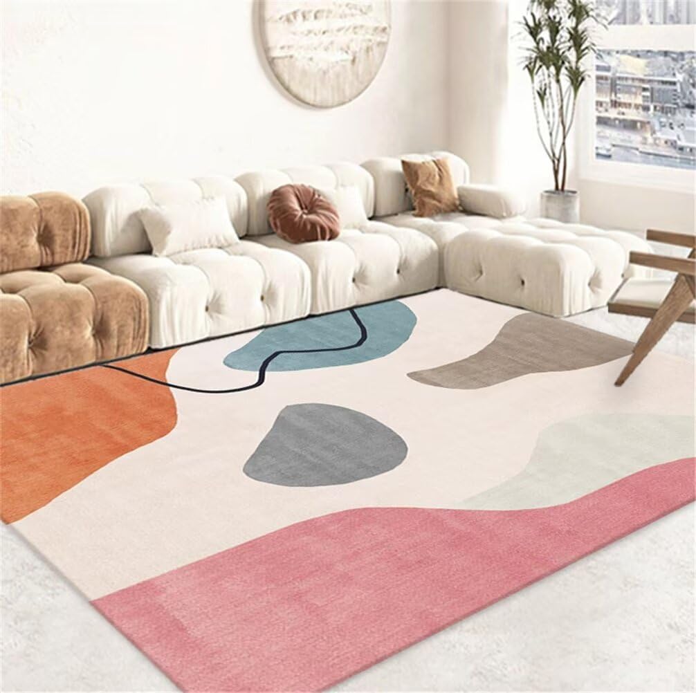 Tapis de salon au design minimaliste moderne bleu rose et orange 180x230cm