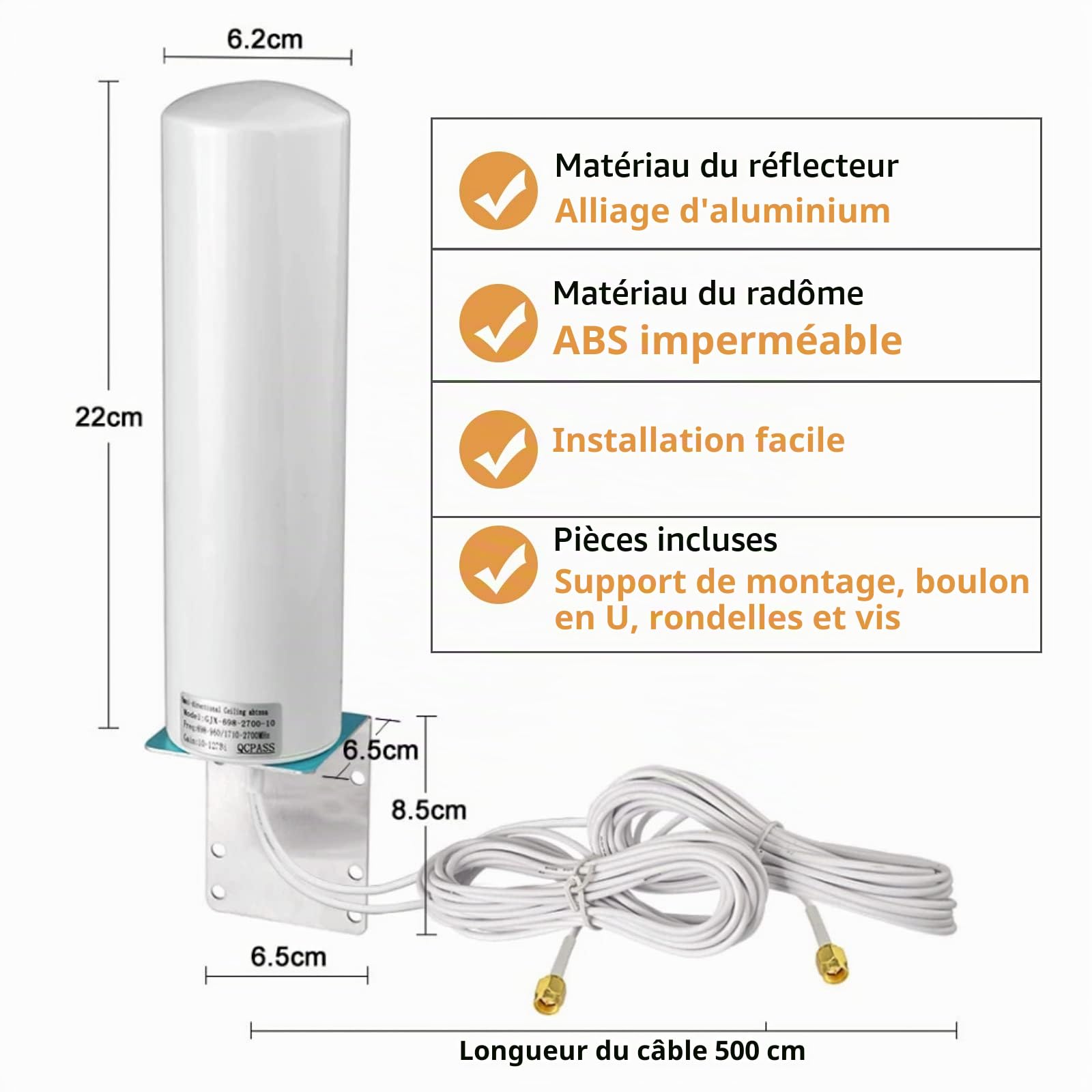 Antenne 4G LTE Exterieur Mimo Omnidirectionnel Étanche 698-2700 MHz 3G/4G LTE connecteur SMA CRC9 TS9 Compatible pour Routeur 4G Gagnez jusqu'à 12 dBi Réception jusqu'à 15 KM(câble 2 x 5 m)