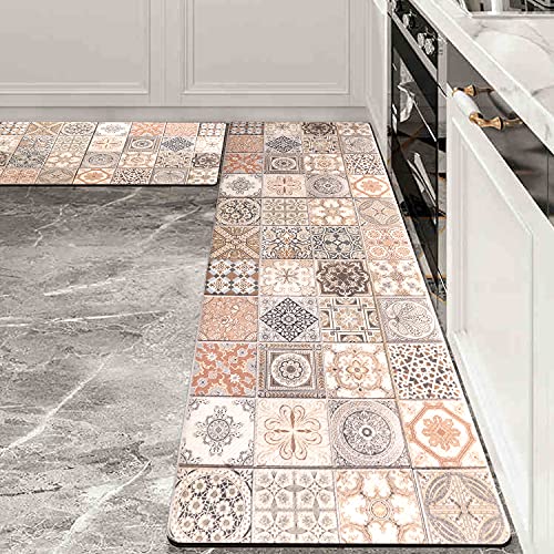 Anti Fatigue Kitchen Rugs and Mats Set, KIMODE 2 Piece Farmhouse Kitchen Rug Runner, Non Slip Waterproof Comfort Cushioned Kitchen Floor Mats (18 x 29 +18 x 59 , Light Bohemian)