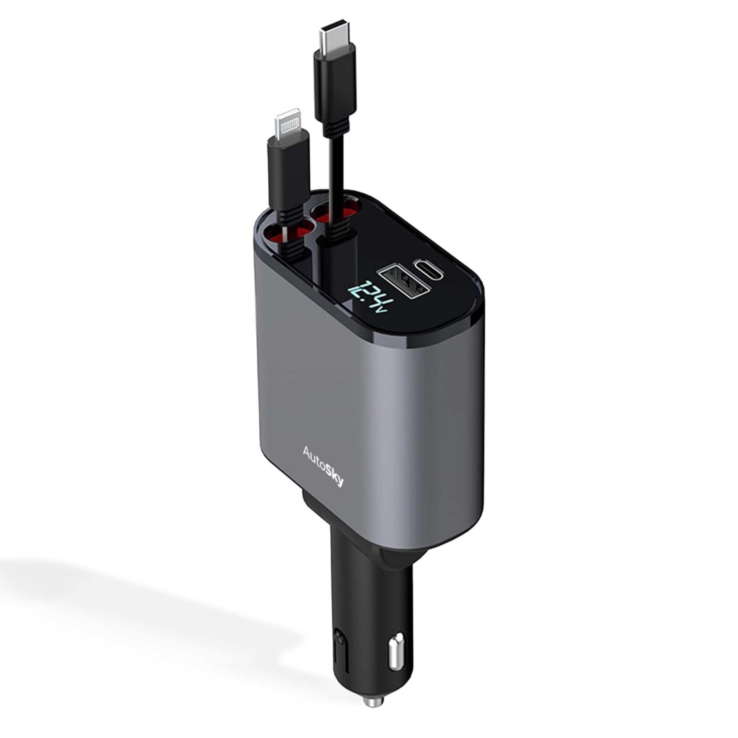 AutoSky Wysuwana ładowarka samochodowa 4 w 1 z szybkim ładowaniem – kabel USB-C i Lightning oraz port USB-C i USB-A