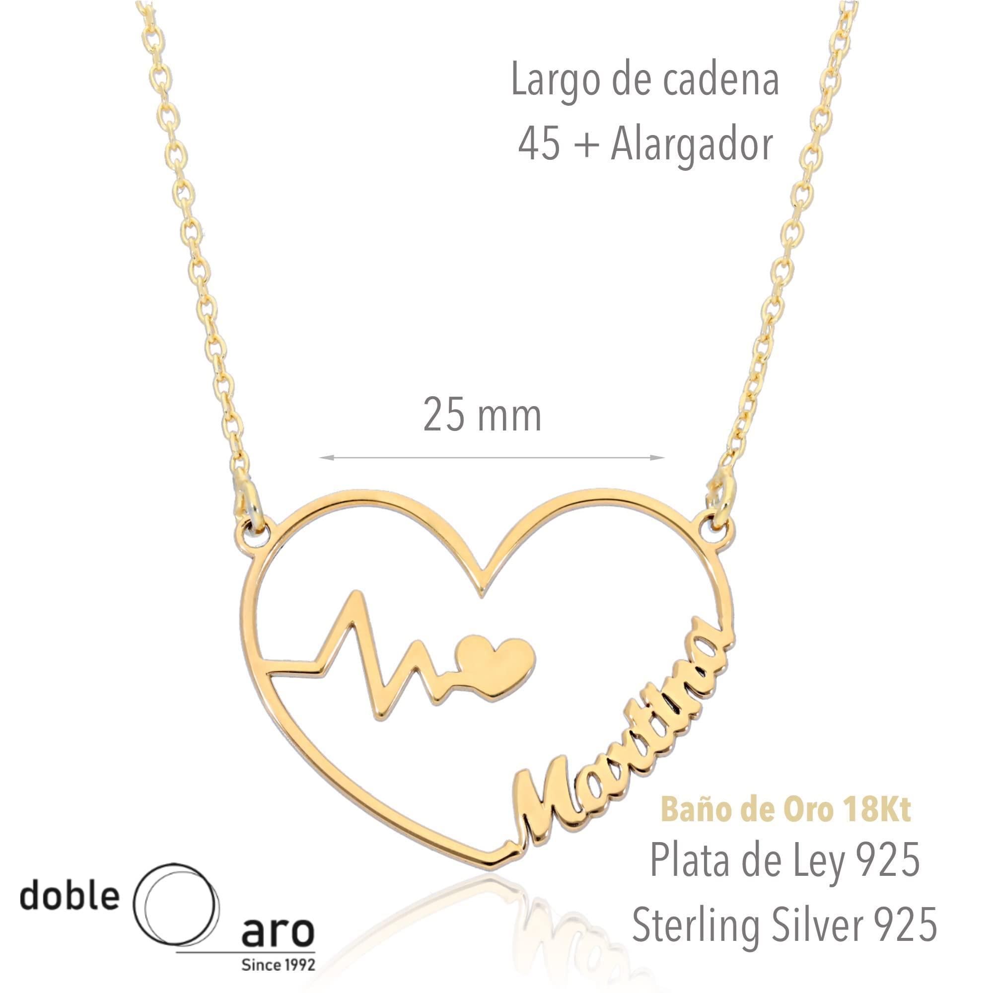 Colgante Corazón Personalizado - Plata de Ley 925/1000 con Baño en Oro 18Kt para Mujer o Niña con Cadena Forzada en 45cm + 3cm de Alargador – Collar Corazón Electro para Enamorados
