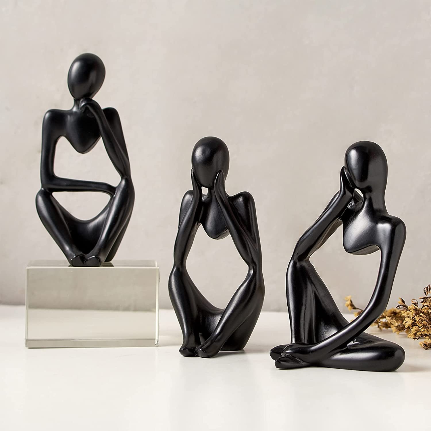 HOMETASTE Thinker Statue Abstract Statues Home Decor Abstract Sculpture Resin Statues Modern Shelf Decor Desktop Sitting Desktop Thinker Statue Abstract Sculpture Statue(3-Pcs set) (Black Colour)
