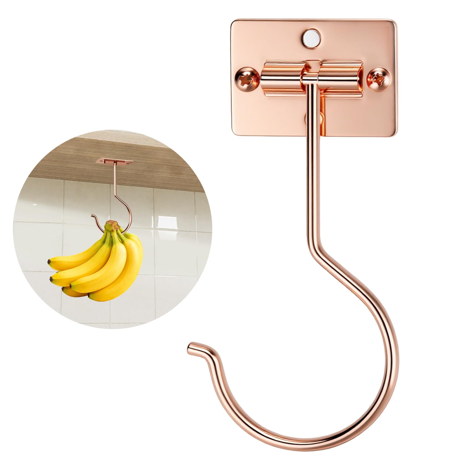Viweolm Under Cabinet Banana Hook – Foldable Banana Hanger with Adhesive and Magnets, Space-Saving Gold Metal Holder for Kitchen and RV, Keeps Bananas Fresh (Rose Gold, 1 Pcs)