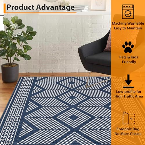 GlowSol Washable Rugs 8x10 Modern Geometric Living Room Rug, Non-Slip Tribal Neutral Large Rug, Stain Resistant Large Bedroom Stripe Accent Floor Carpet for Dining Room Office,Blue