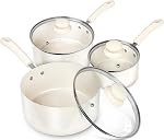 Ensemble de casseroles MICHELANGELO avec couvercle, 1QT&2QT&3QT casseroles en céramique, ensemble de casseroles antiadhésives, ensemble de pots sans PFAS, petites casseroles pour la cuisson, ensemble de pots de cuisson polyvalents, blanc