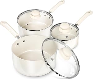 MICHELANGELO Sauce Pan Set with Lid, 1QT&2QT&3QT Ceramic Saucepans, Nonstick Saucepan Set, PFAS-Free Pot Set, Small Pots for Cooking, Multipurpose Cooking Pots Set, White