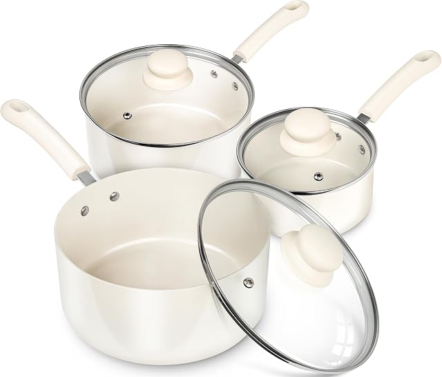 Ensemble de casseroles MICHELANGELO avec couvercle, 1QT&2QT&3QT casseroles en céramique, ensemble de casseroles antiadhésives, ensemble de pots sans PFAS, petites casseroles pour la cuisson, ensemble de pots de cuisson polyvalents, blanc