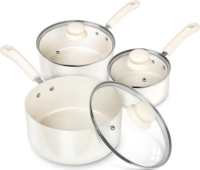 MICHELANGELO nonstick ceramic saucepan set with lids, 1qt 2qt 3qt in white