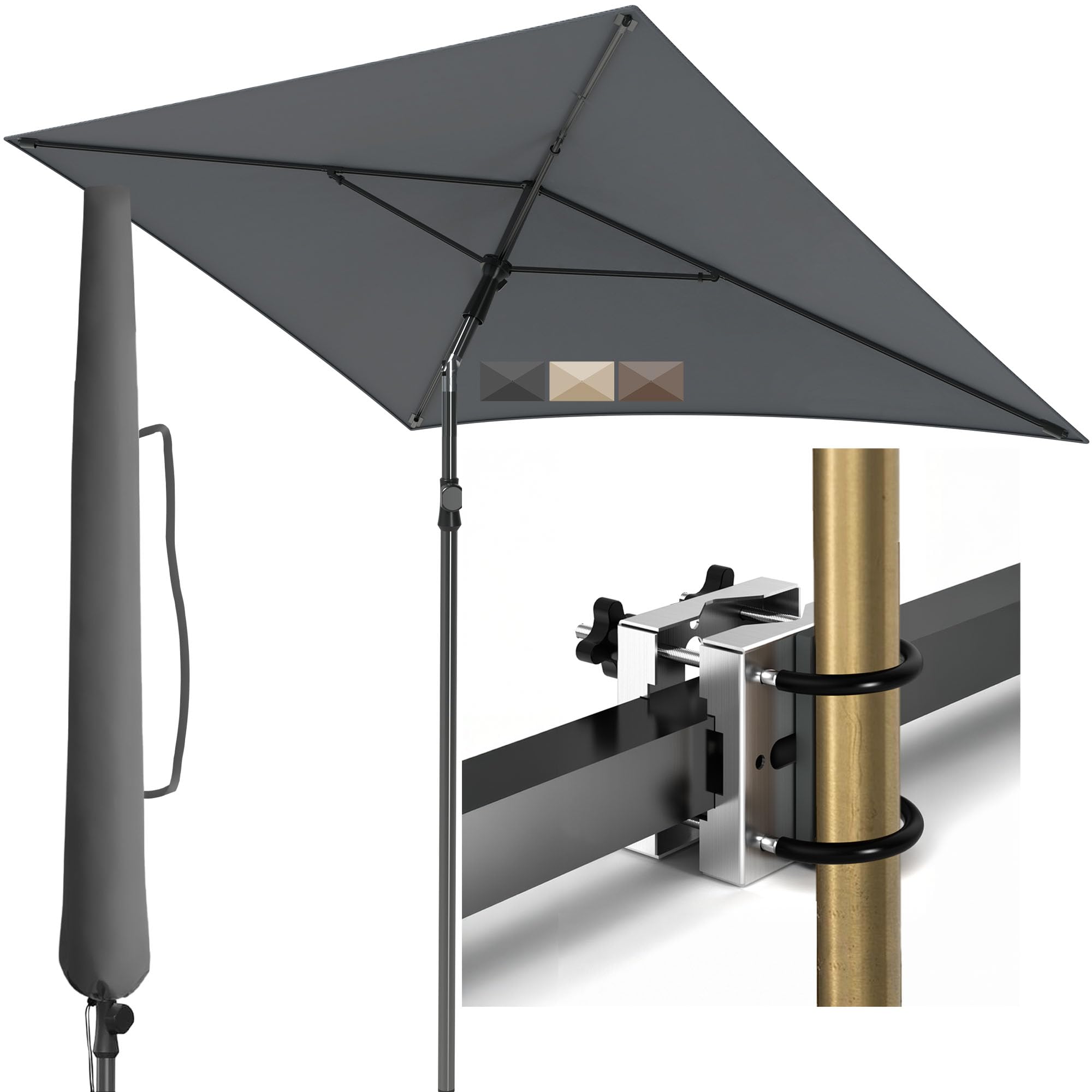 Menz Sonnenschirm Balkon - 3-IN-1 SET - UV50+ Sonnenschirm rechteckig 200x125 cm + Sonnenschirmhalter Balkongeländer + Sonnenschirmhülle - Sonnenschutz Balkon