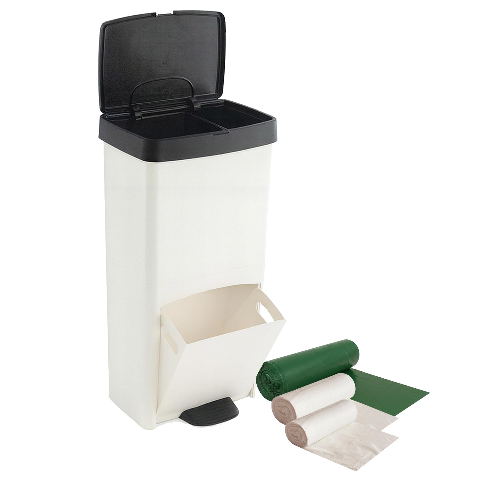 Pack di Pattumiera o Riciclaggio 70L, VERTICALE, 2 Scomparti, Pattumiera per Rifiuti, 76 cm, INCLUDE sacchetti per rifiuti adattati: rotolo 50L (10 sacchetti) + rotolo 30L (20 sacchetti) + rotolo 10L