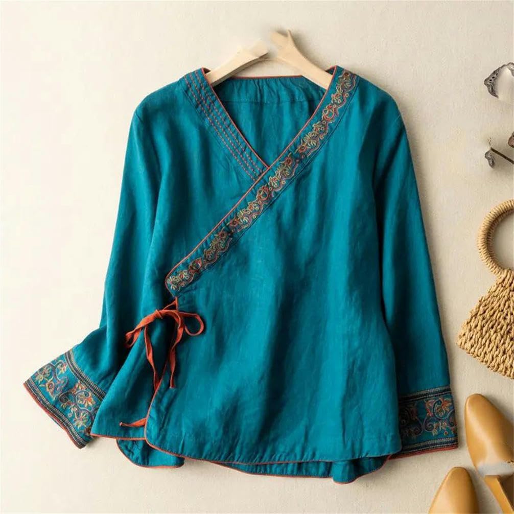 Chinese Hanfu Embroidery Improved Short Cheongsam V-Neck Tops Chinese Floral Shirt Tang Suit Spring Tai Chi Clothing