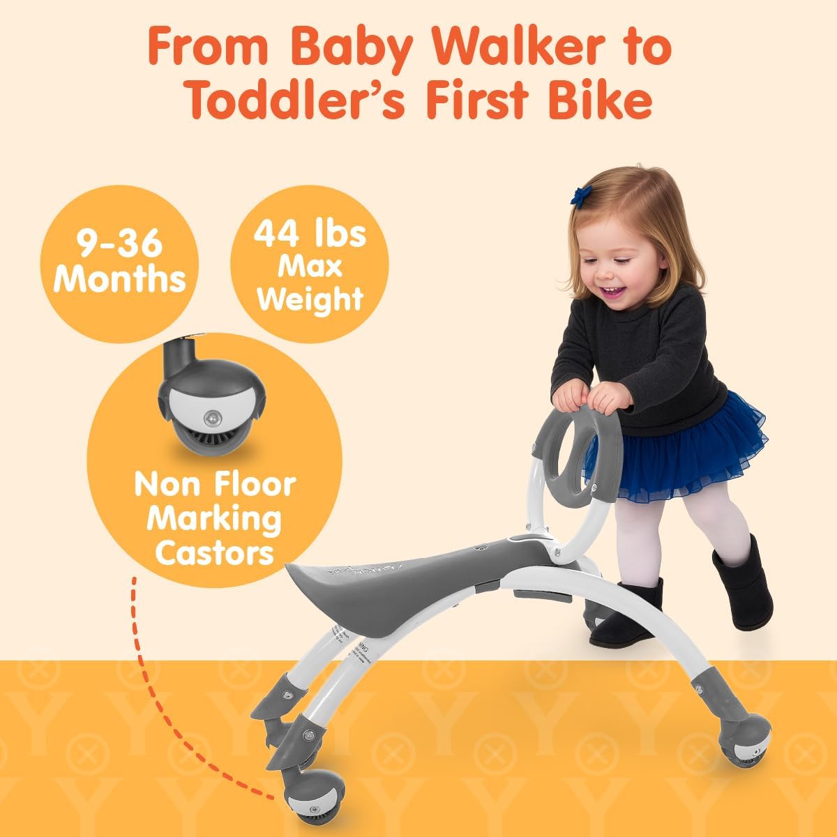 YBIKE Pewi Walking Toddler Ride On Toys - from Baby Walker to Toddler Balance Bike for Ages 9 Months to 3 Yrs, Durable Walking Buddy Push Toy, Comfortable, Indoor & Outdoor, Up to 44 Lbs, Gray