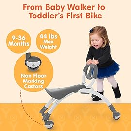 YBIKE Pewi Walking Toddler Ride On Toys - from Baby Walker to Toddler Balance Bike for Ages 9 Months to 3 Yrs, Durable Walking Buddy Push Toy, Comfortable, Indoor & Outdoor, Up to 44 Lbs, Gray