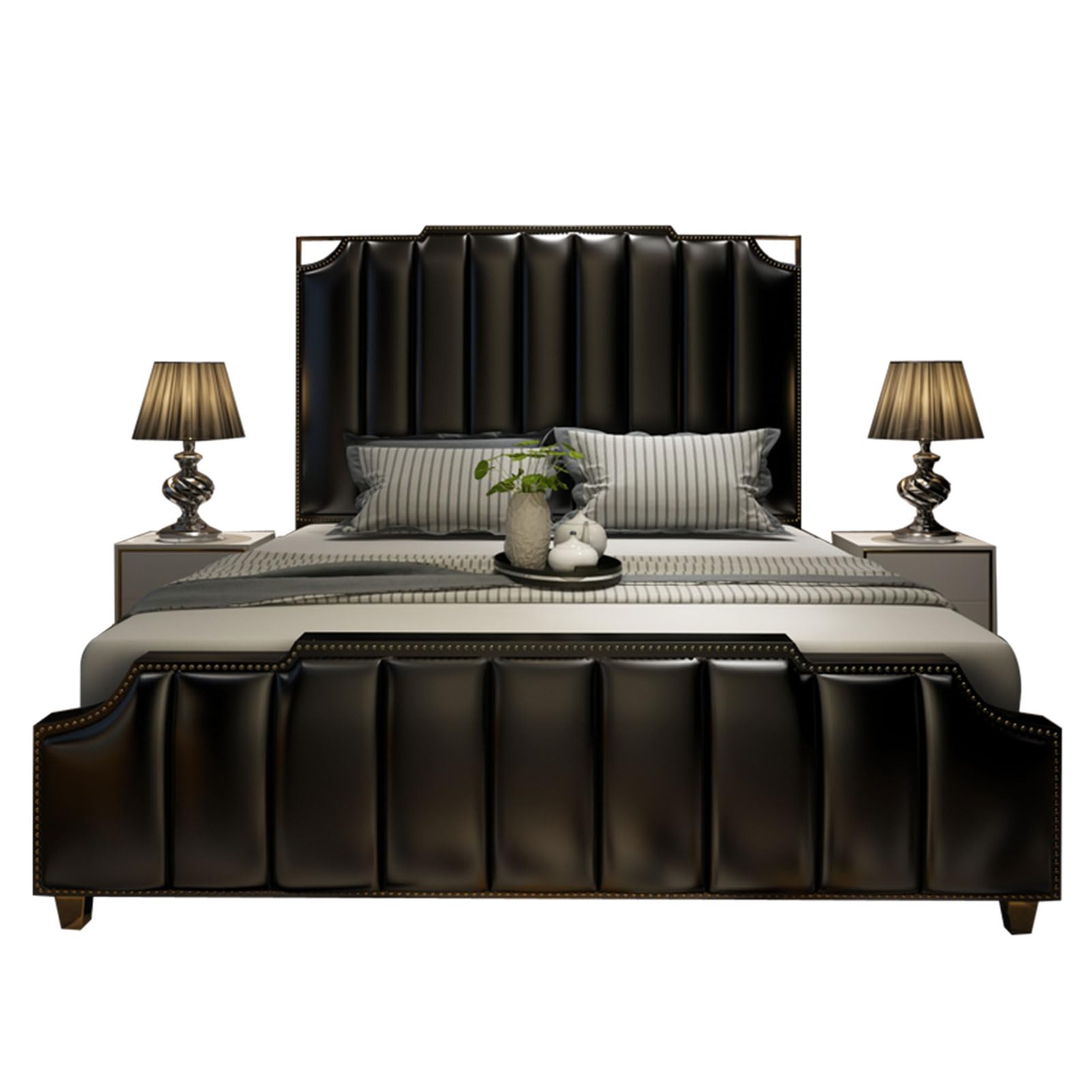 Black King Size Genuine Leather Wood Bed Upholstered Platform Bed Frame with Headboard and Storage Drawers No Box