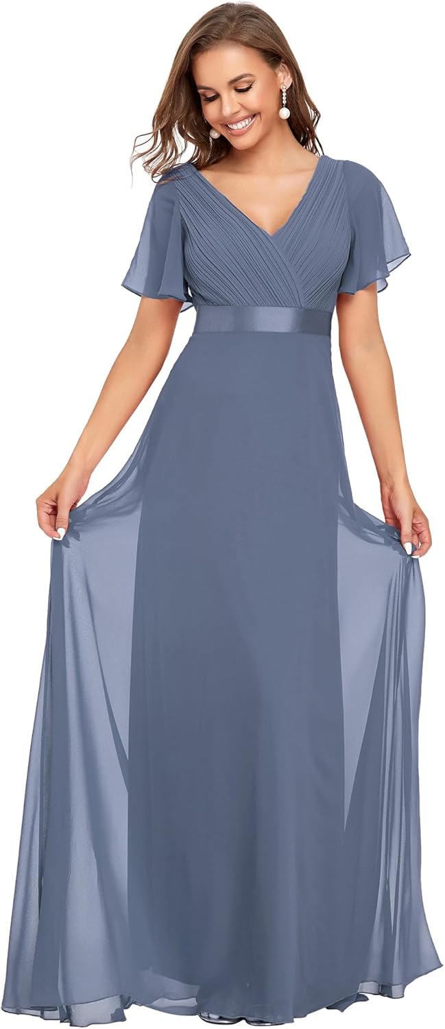 Ever-Pretty Women's Classic Chiffon Short Sleeve Pleated V-Neck Floor Length Bridesmaid Dresses 09890